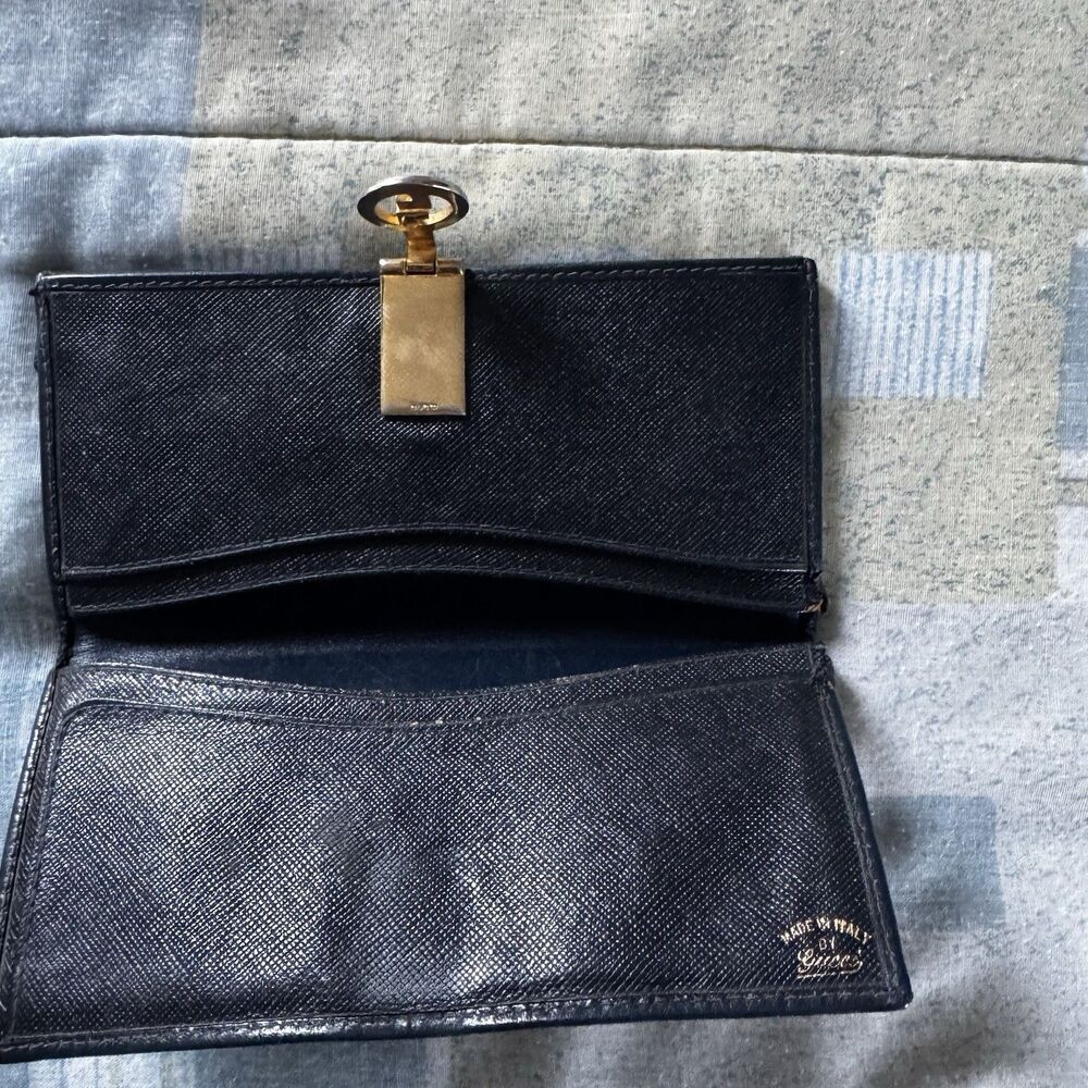 Gucci Vintage GG Canvas Dark blue Leather Bifold Wallet Vintage Italy "7 x 3.5" - Picture 3 of 16